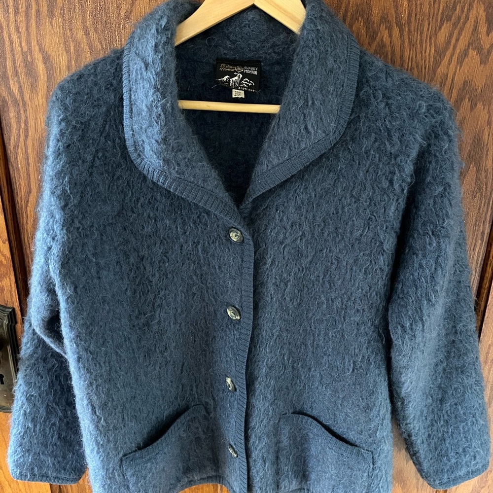 Vintage Maban Scotland Chunky Mohair Blue Wool Cardigan Sweater Sz 40 MEDIUM VGC